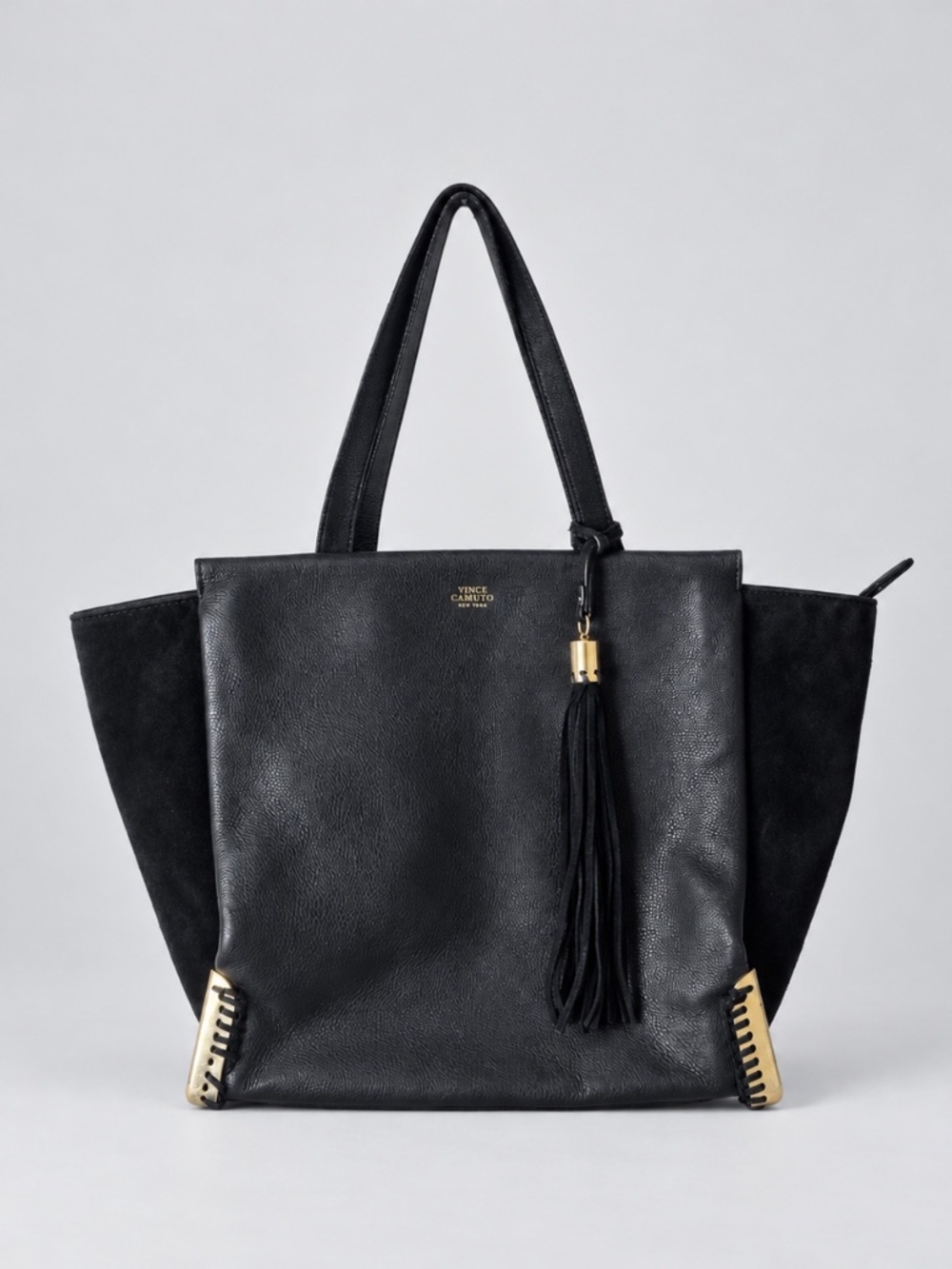 Vince Camuto Penny Tote Black Leather Suede Tassel Shoulder Bag